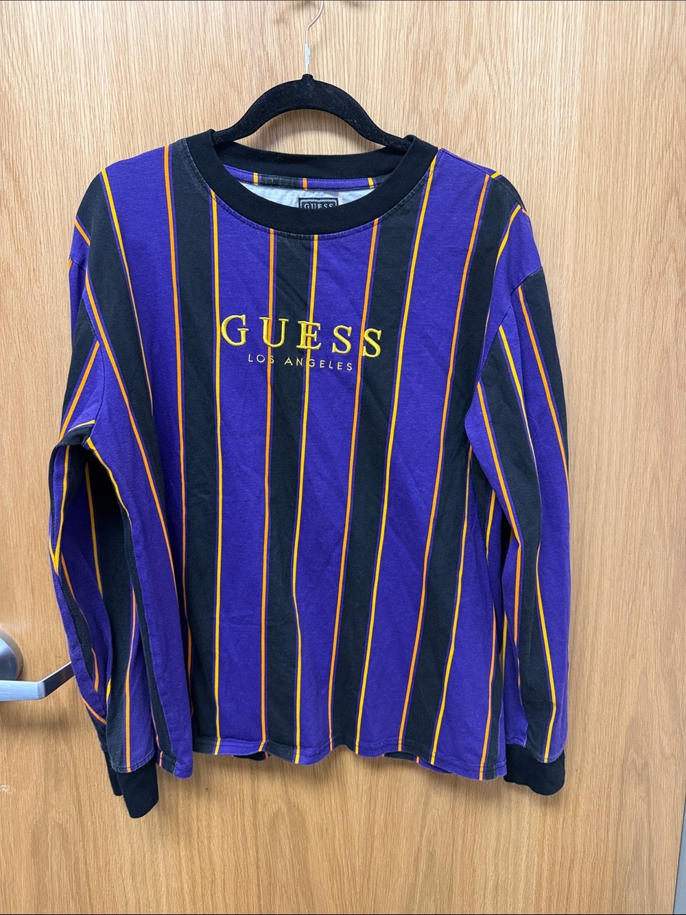 GUESS  Vintage 90s Style Purple, Black & Yellow Striped Long-Sleeve Tee Size M